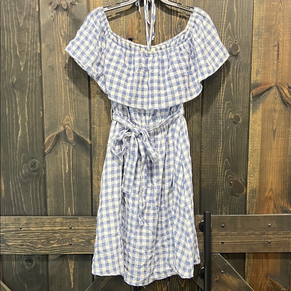 Anthropologie 11 1 Tylho Gingham Plaid Dress S Off Shoulder Halter Blue White